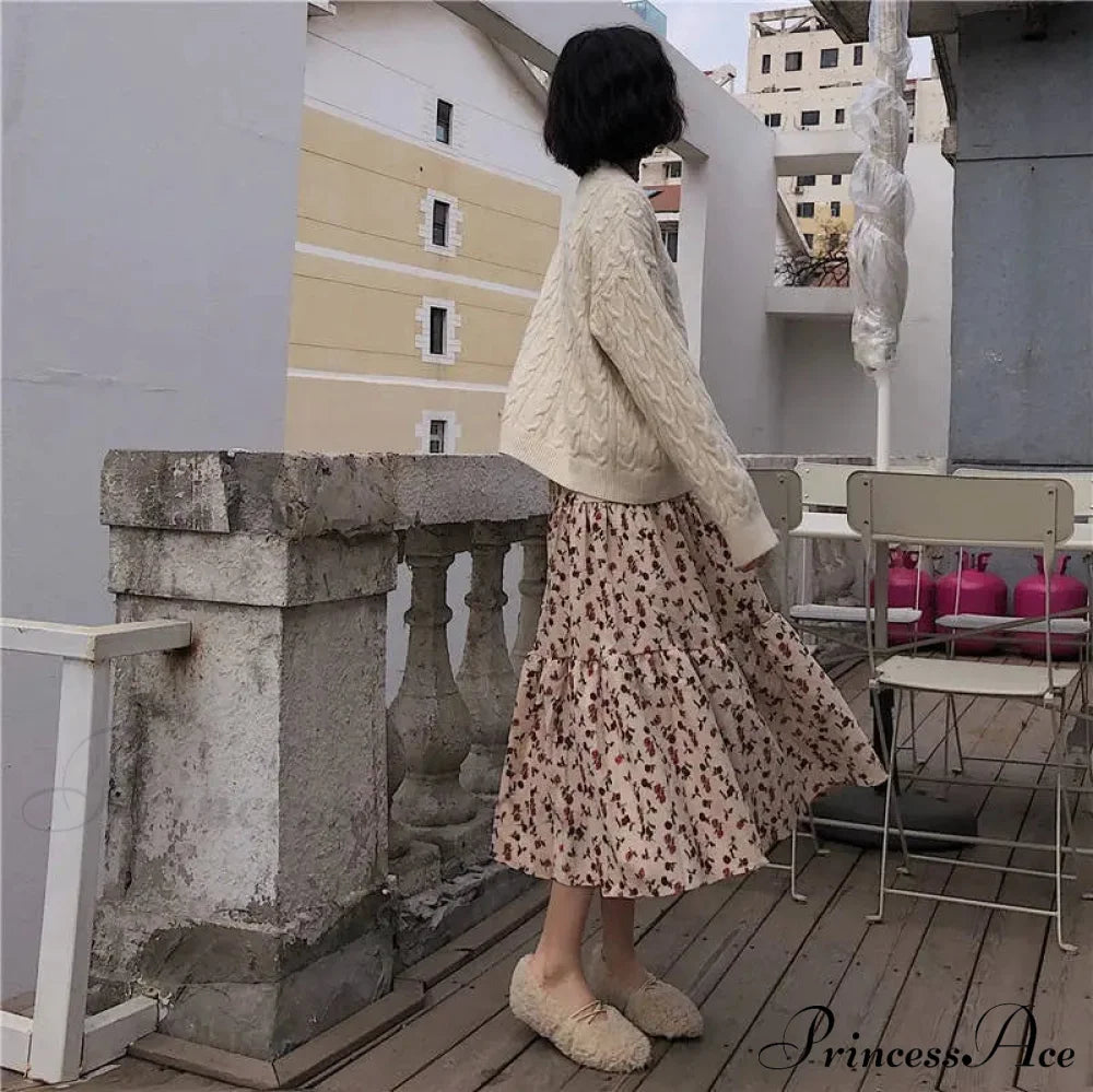 Corduroy High Waist Charming Floral Print Maxi Skirt Skirt