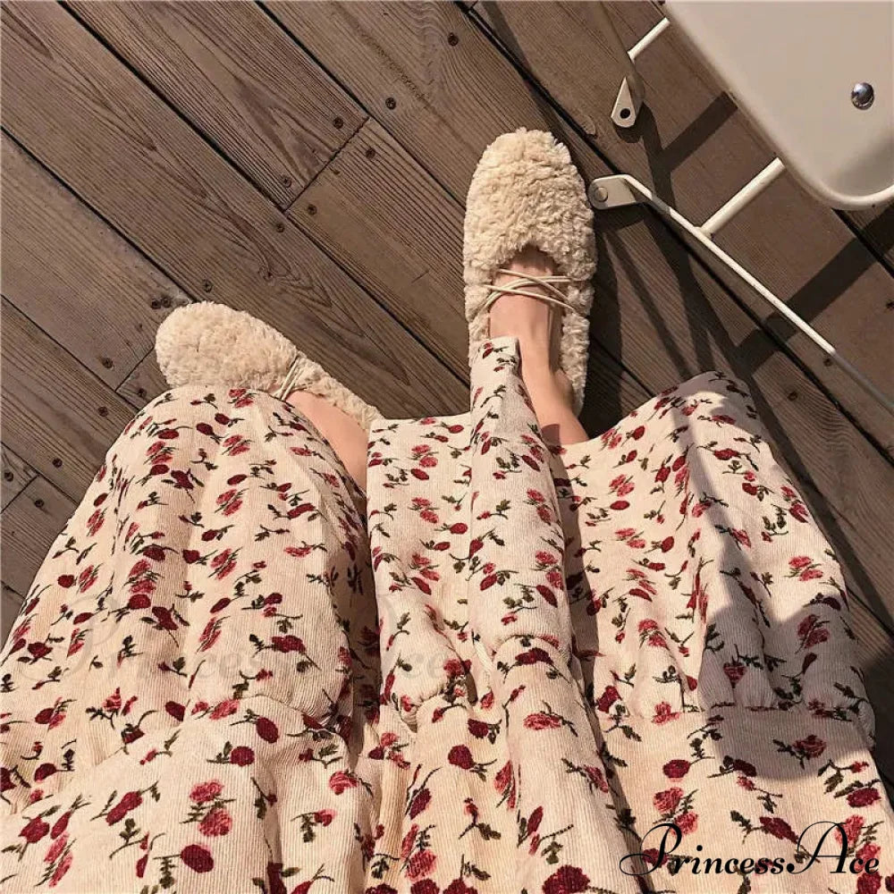 Corduroy High Waist Charming Floral Print Maxi Skirt Skirt