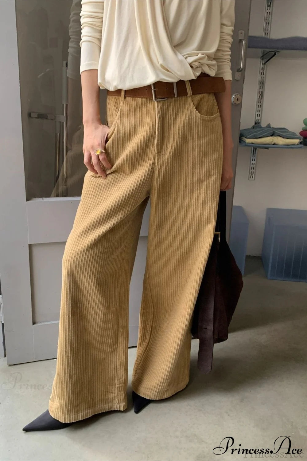 Corduroy High-Waist Wide-Leg Minimal Pants Khaki / S