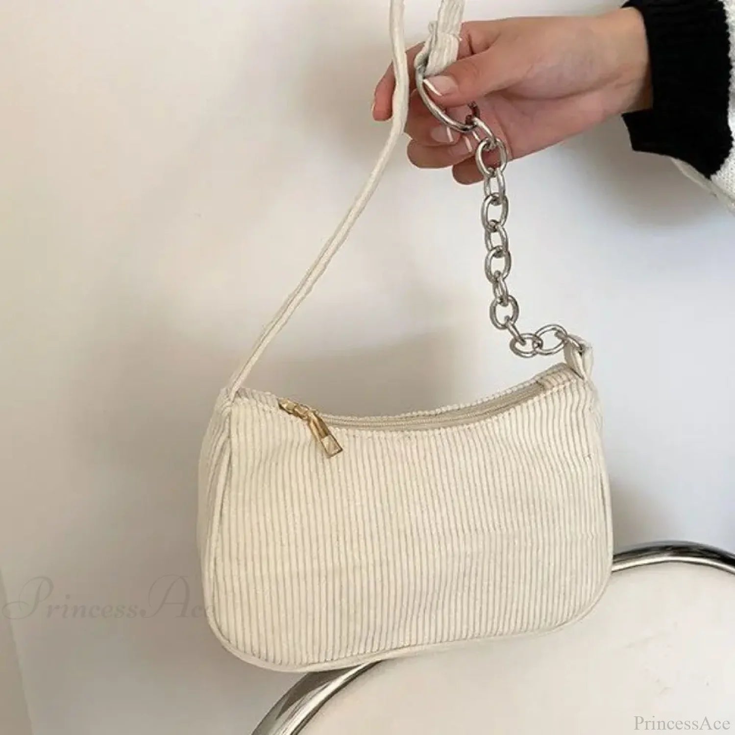 Corduroy Zipper Underarm Shoulder Handbag Chain-White shoulder-250126