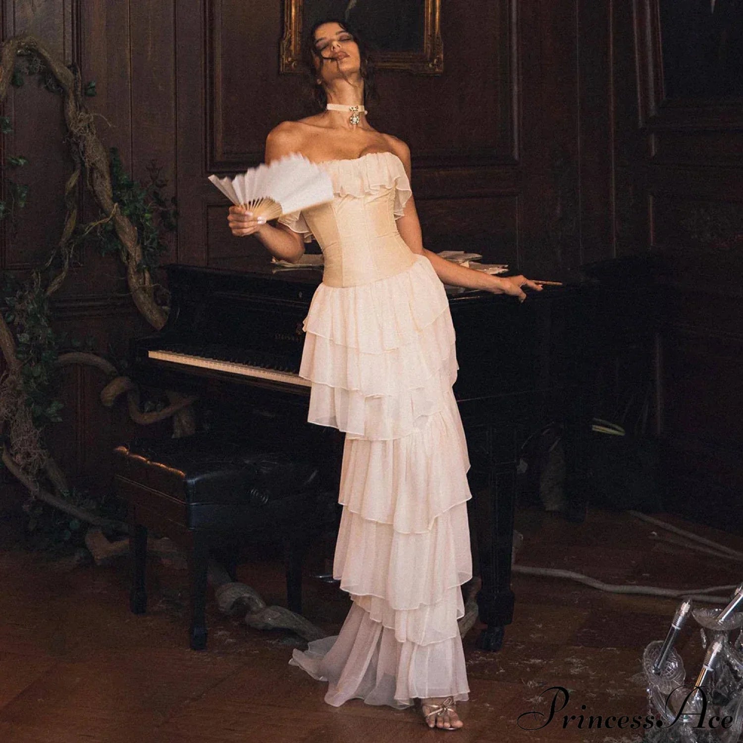 Corset Chiffon Frill Charming Tiered Maxi Dress Long Set