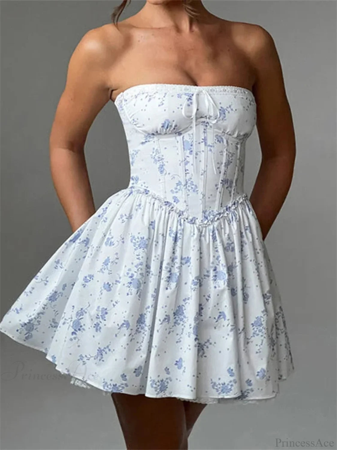 Corset Tie-Up Lace Trim Mini Dress blue / S minidress-250223