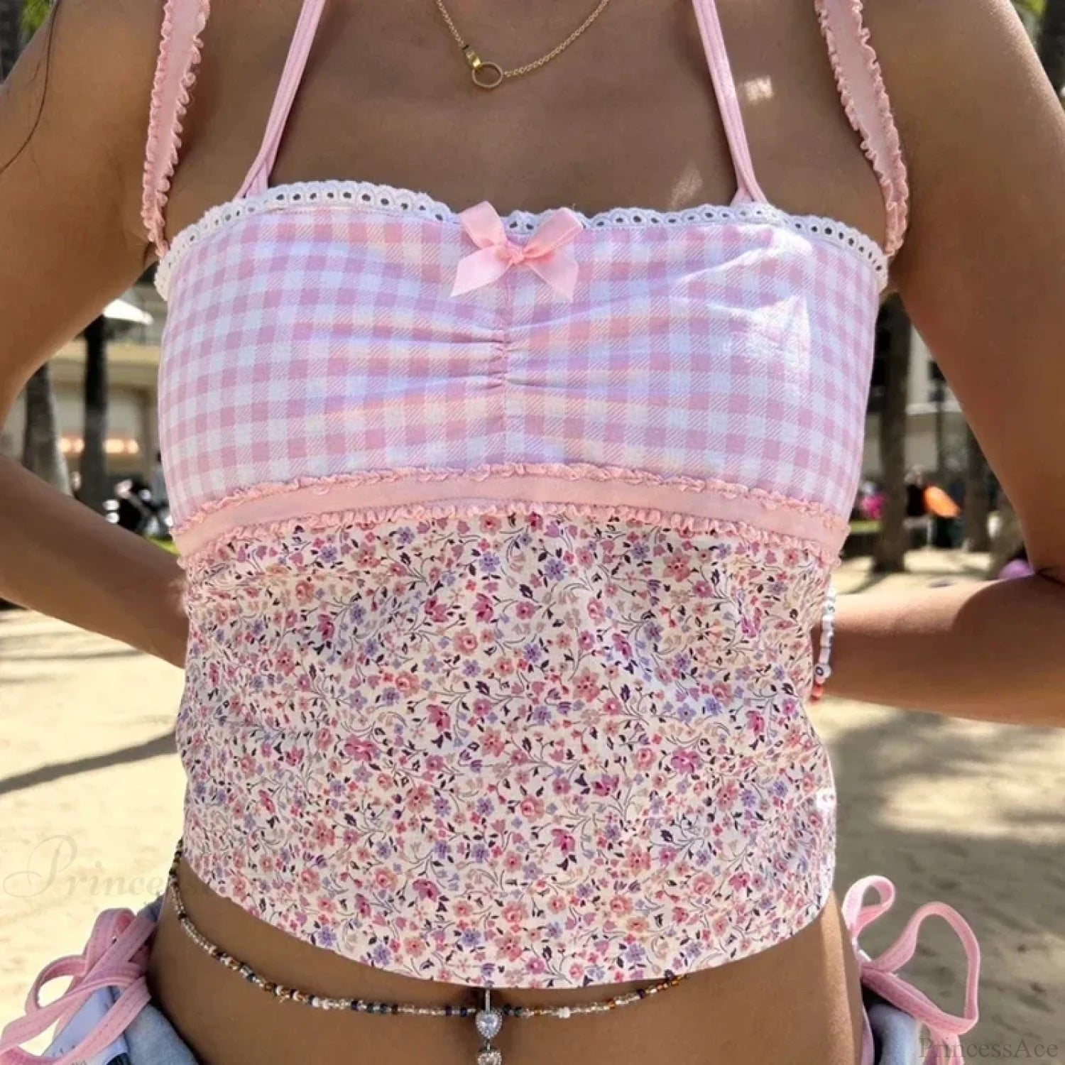Cottage Floral Plaid Patchwork Y2K Lace Trim Backless Tie Up Retro Vest Crop Top croptop-250126