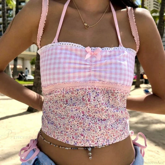 Cottage Floral Plaid Patchwork Y2K Lace Trim Backless Tie Up Retro Vest Crop Top croptop-250126
