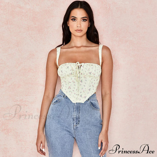 Cottagecore High Waist Floral Printed Classic A-Line Mini Skirt - Yellow M / Corset Tops