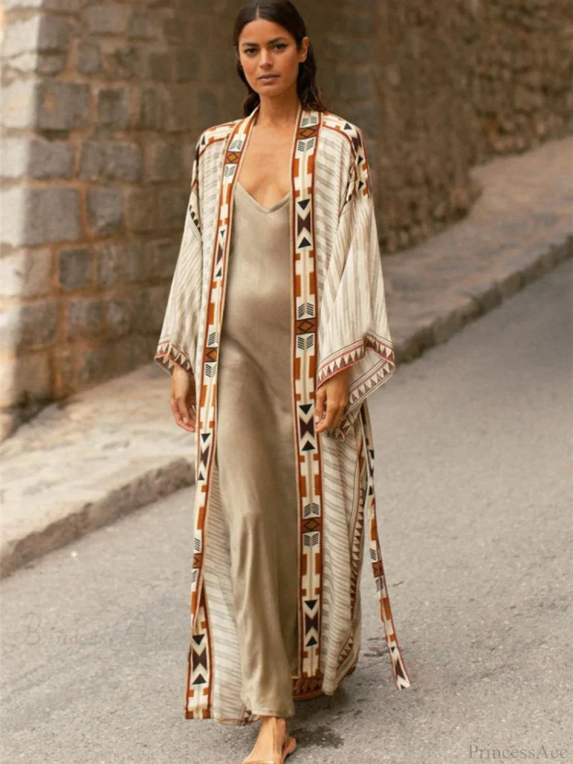 Cotton Ethnic Print Kimono Cardigan Boho Beach Cover up creamy-white / One Size bohocoverup-250126