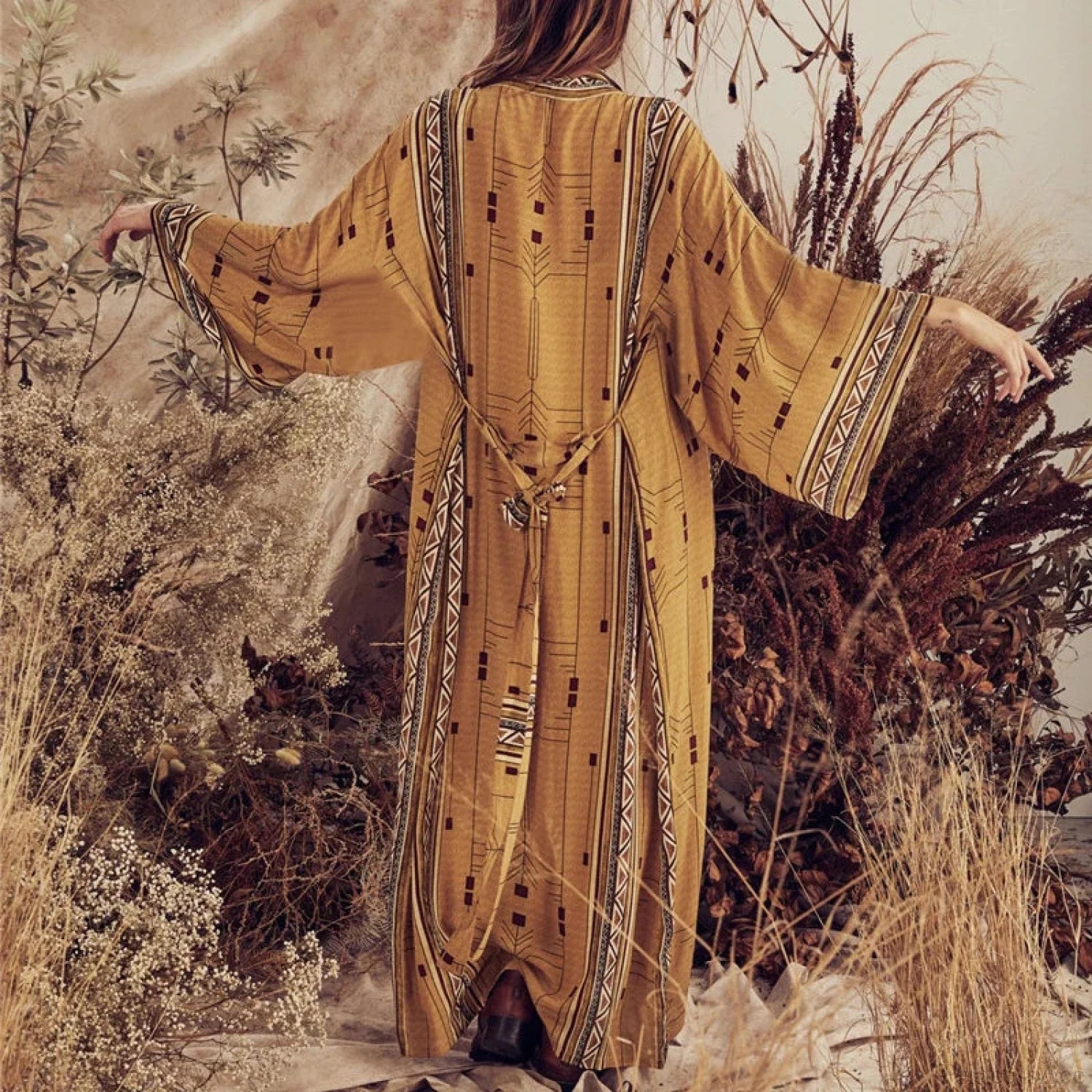 Cotton Ethnic Print Kimono Cardigan Boho Beach Cover up Ginger / One Size bohocoverup-250126