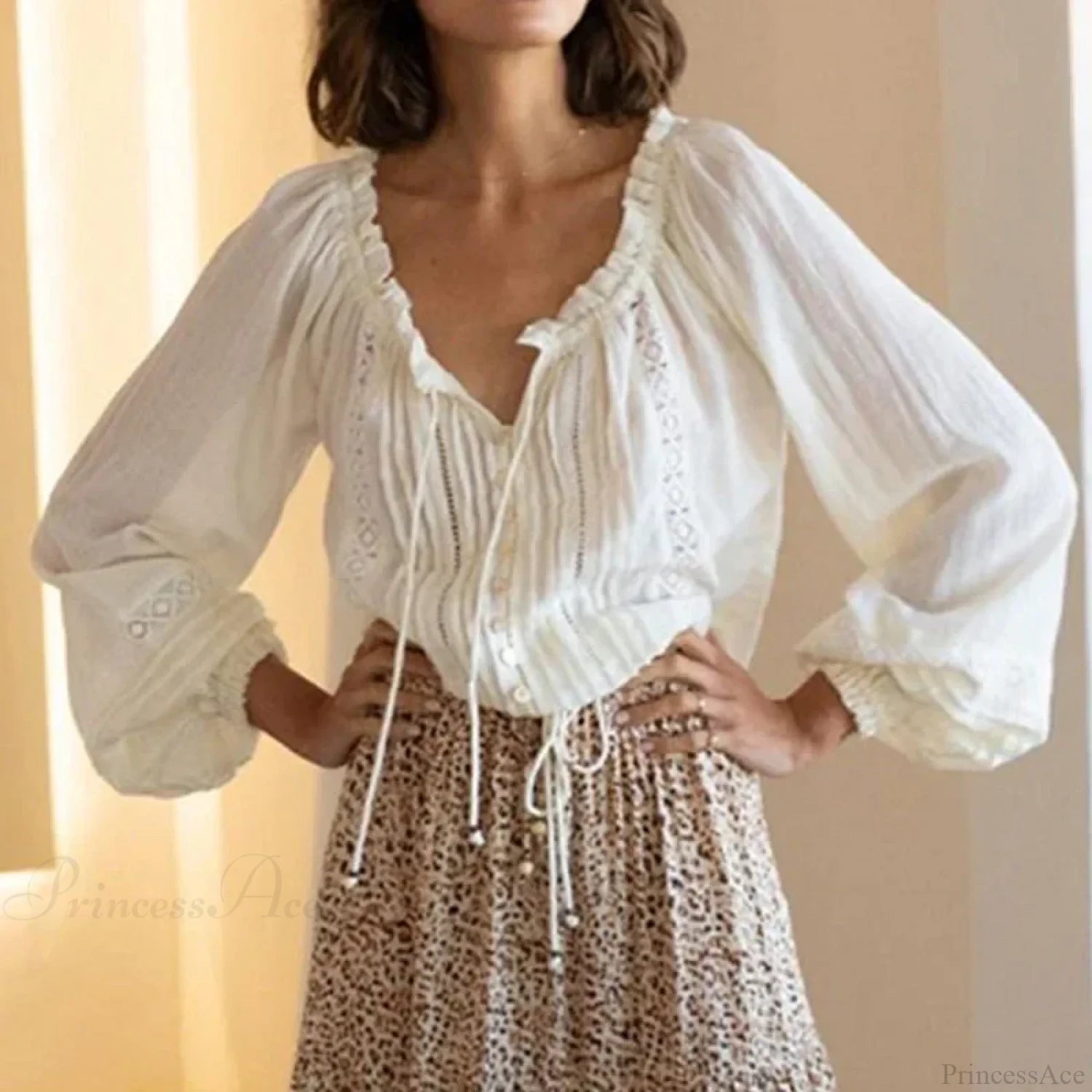 Cotton Floral Embroidery White Lace V-Neck Boho Blouse WHITE2 / S bohoblouse-250126