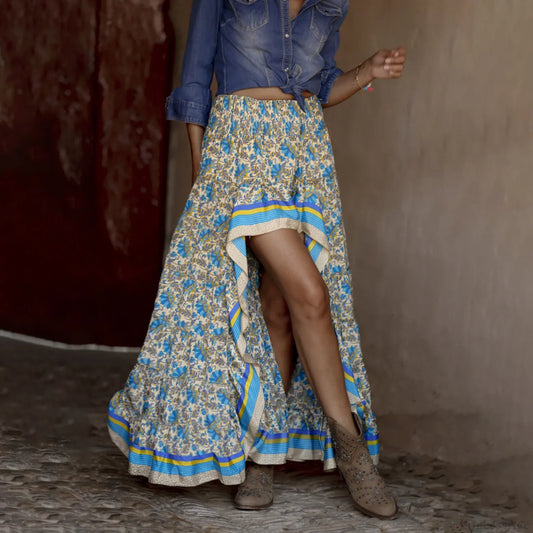 Cotton Floral Print Streetwear Pleated Skirt Blue / S skirt-250126