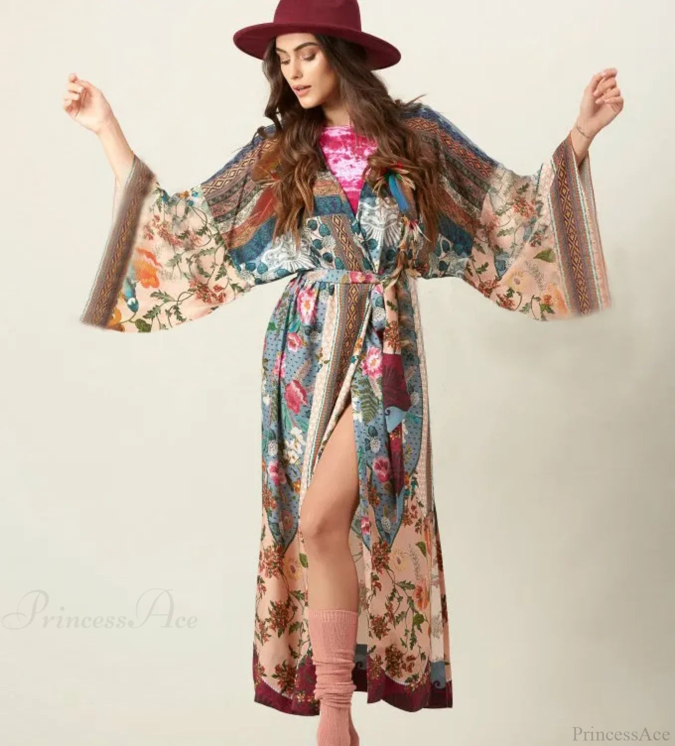 Cotton Kimono Floral Printed Boho Beach Cover Up color2 / One Size bohocoverup-250126