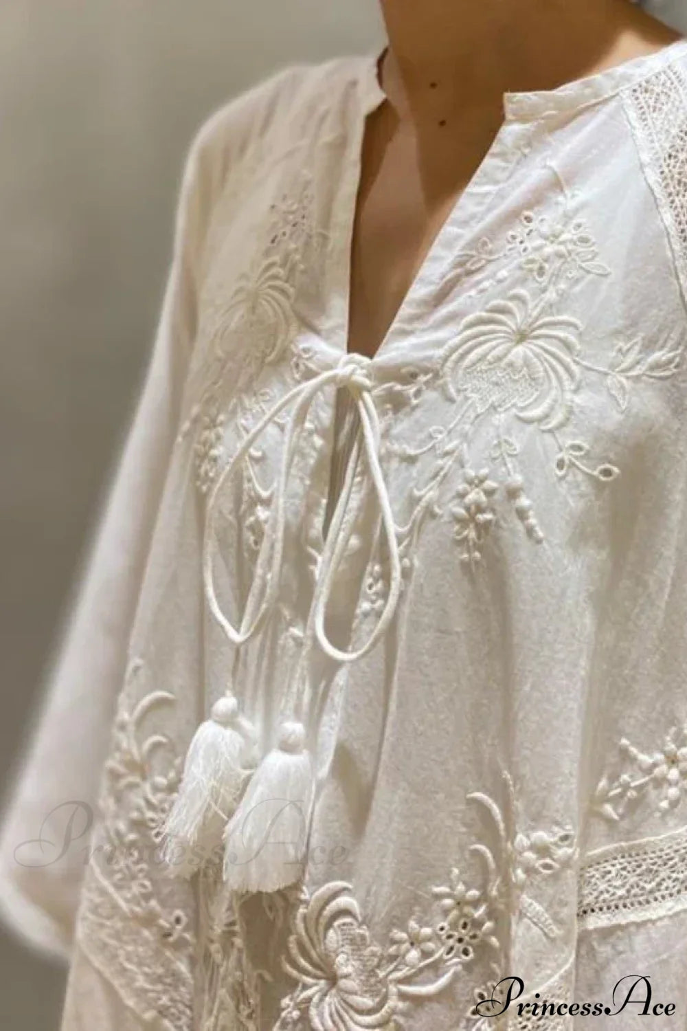 Cotton Linen Beach White V Neck Embroidered Boho Dress