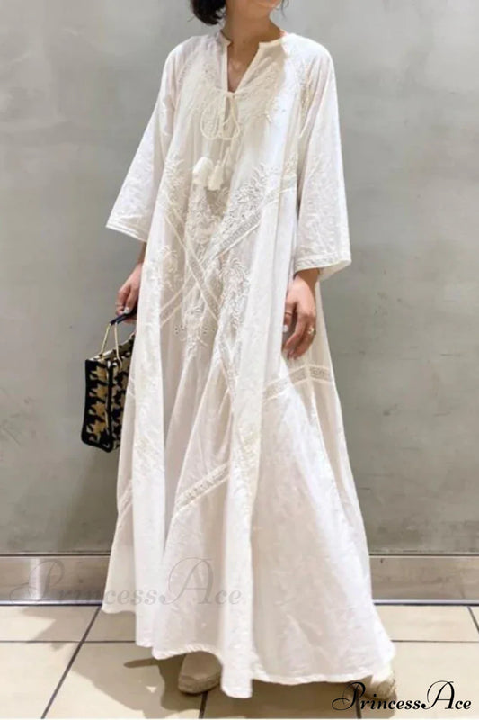 Cotton Linen Beach White V Neck Embroidered Boho Dress