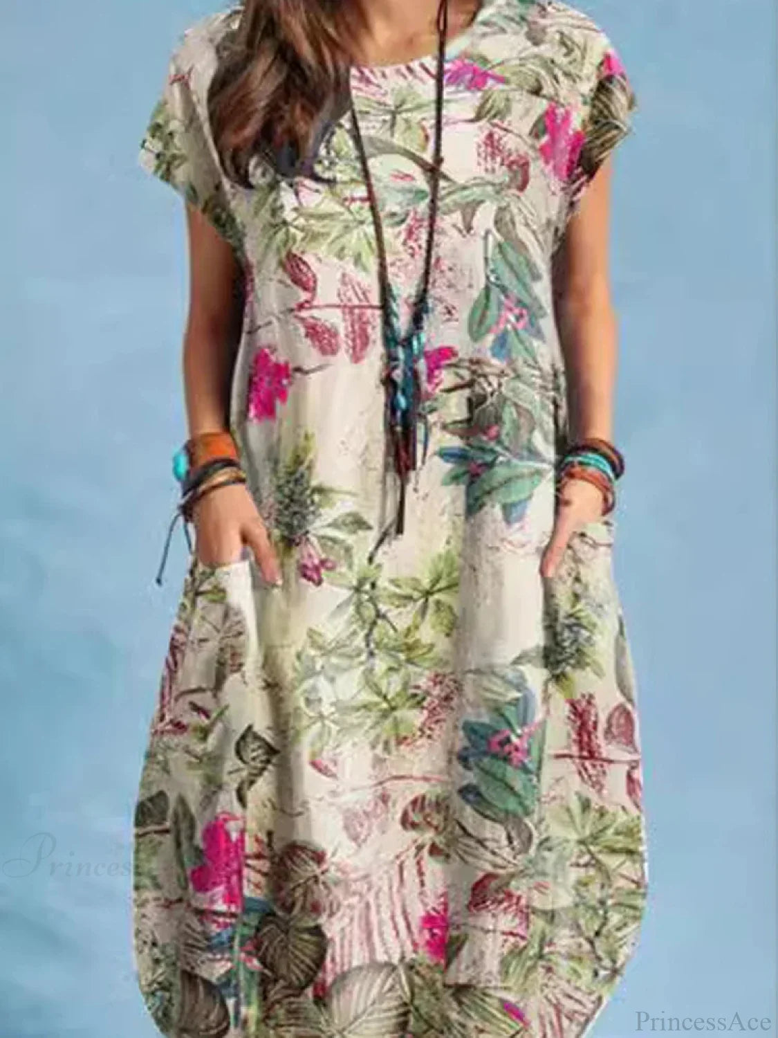 Cotton Linen Loose O-neck Floral Dress oldfloraldress-250126