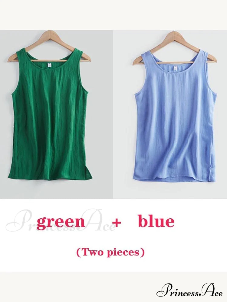 Cotton Linen Sleeveless Tops Green And Blue / S