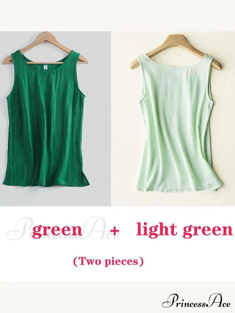 Cotton Linen Sleeveless Tops Green And Lightgreen / S