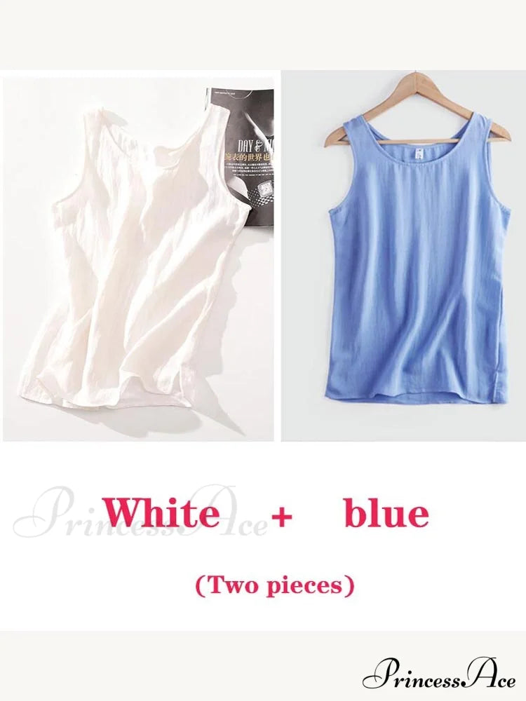 Cotton Linen Sleeveless Tops White And Blue / S