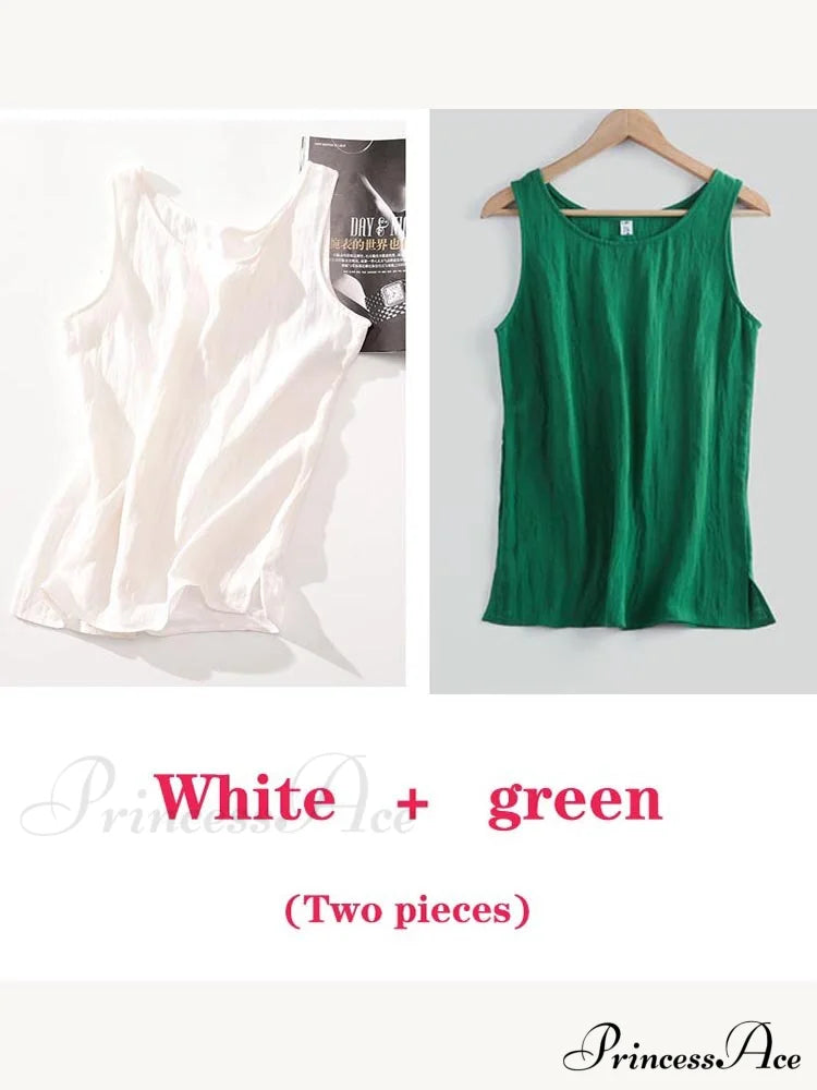 Cotton Linen Sleeveless Tops White And Green / S