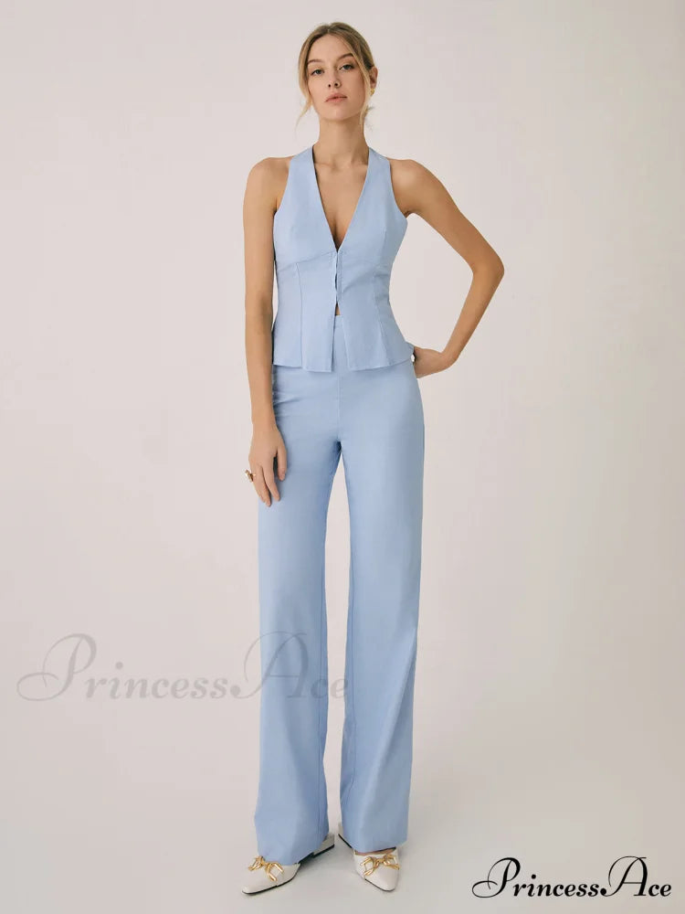 Cotton & Linen Vest Modern With Straight Leg Pants Set Pant Sets