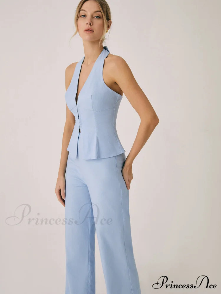 Cotton & Linen Vest Modern With Straight Leg Pants Set Pant Sets