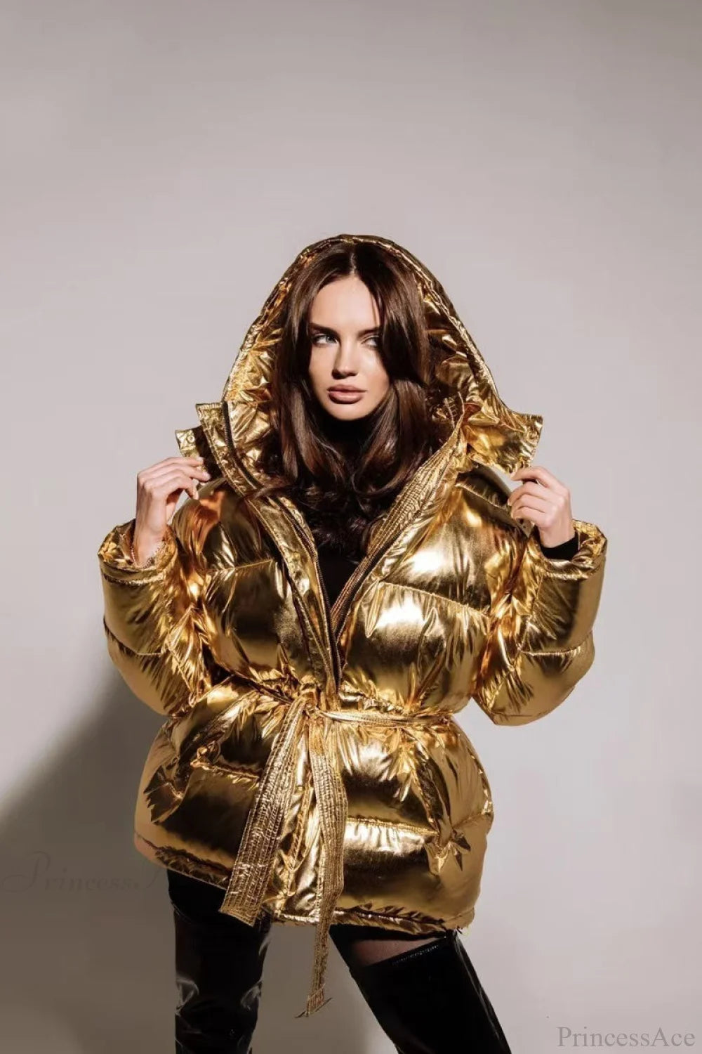 Cotton Padded Metallic Color Belt Pocket Coat