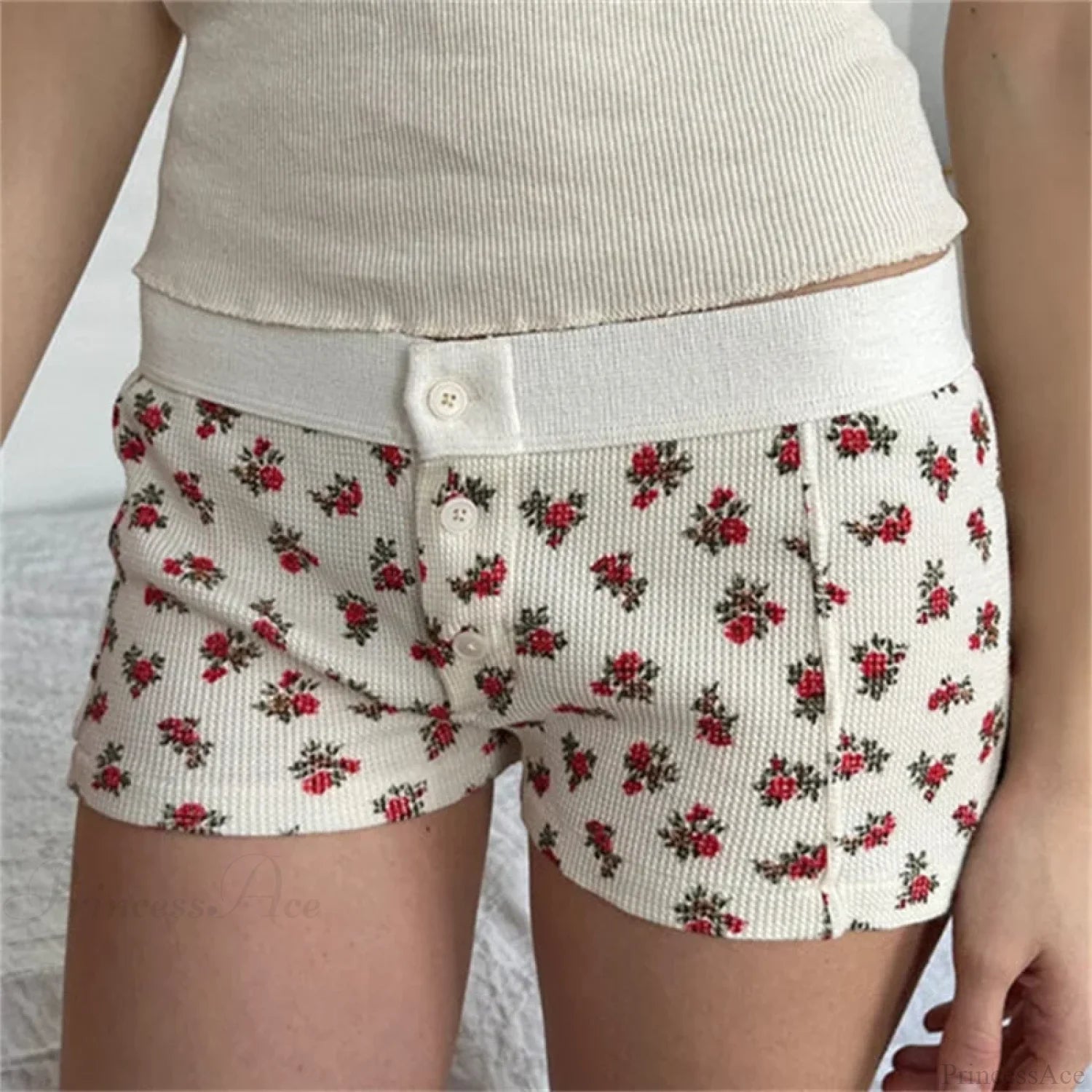 Cotton Print Button Sweatshort Red / S short-250223