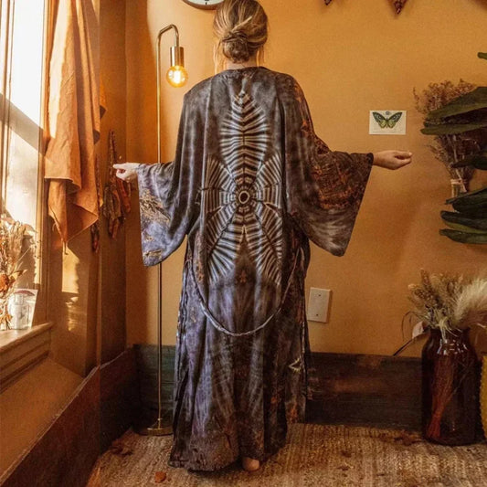 Cotton Rayon Floral Printed Boho Maxi Beach Cover up Dark Grey / One Size bohocoverup-250126