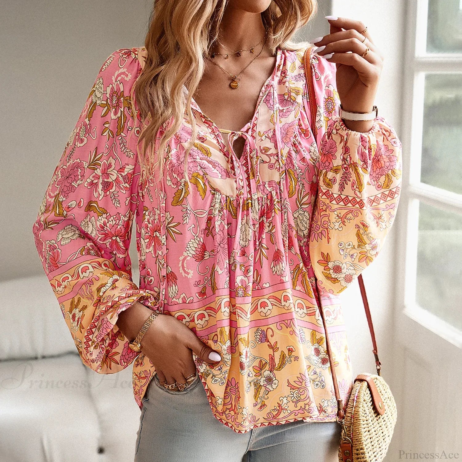 Cotton Rayon Floral Printed Long Sleeve Beach Boho Blouse bohoblouse-250126