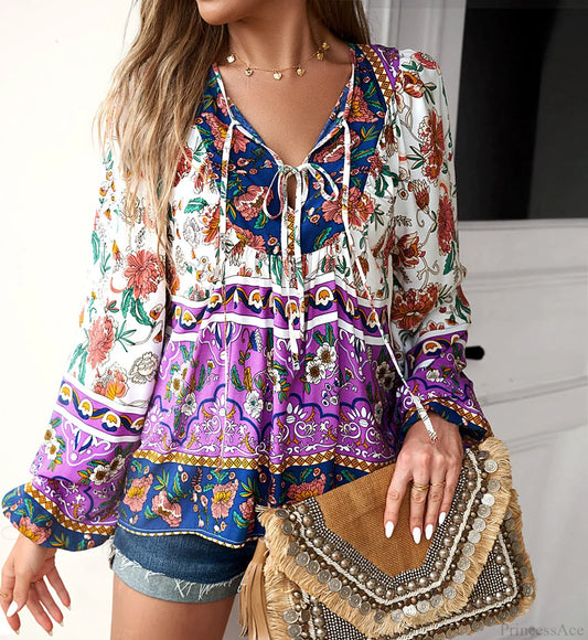 Cotton Rayon Floral Printed Long Sleeve Beach Boho Blouse Purple / S bohoblouse-250126