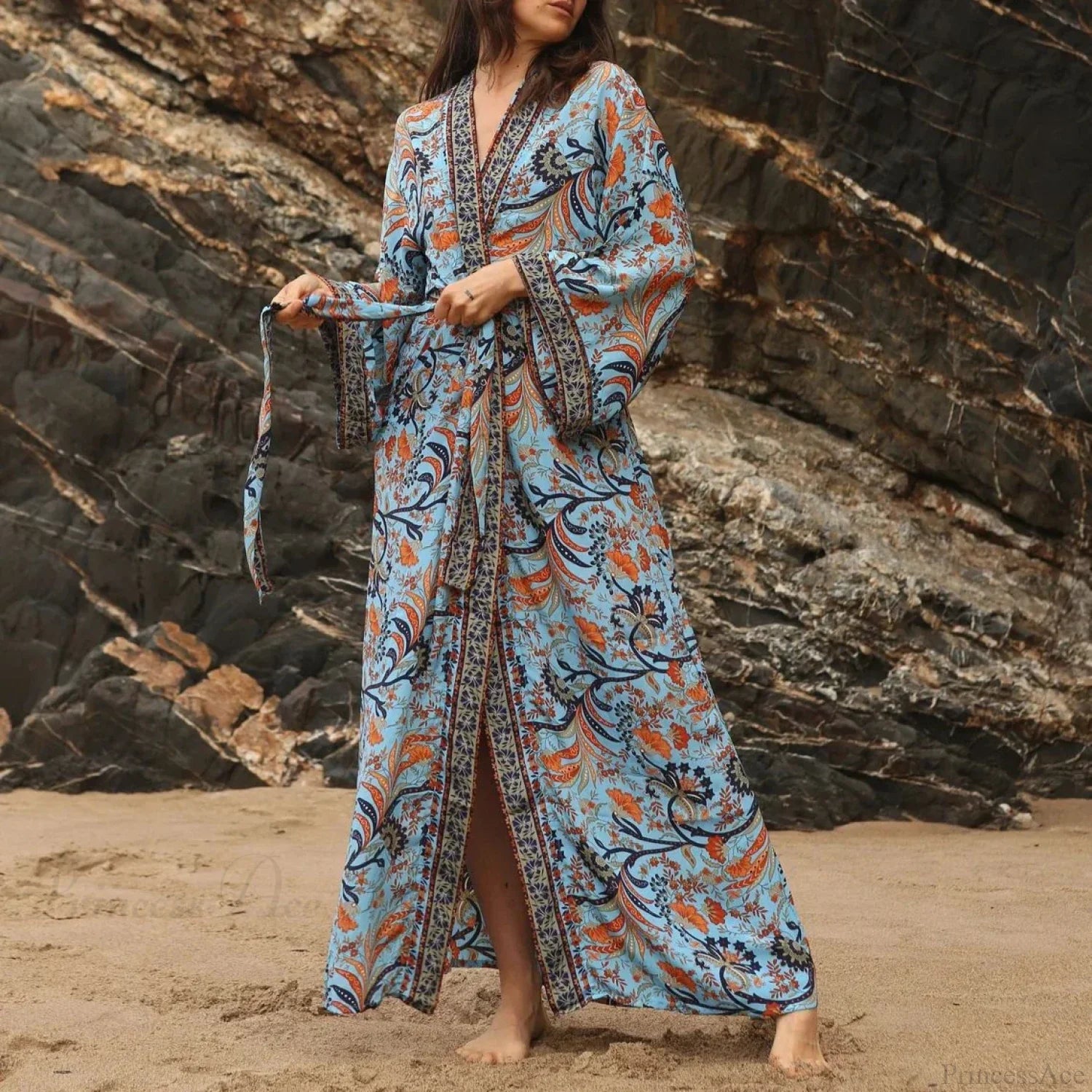 Cotton Rayon Kimono Boho Beach Cover up Loose Dress Blue / One Size bohocoverup-250126
