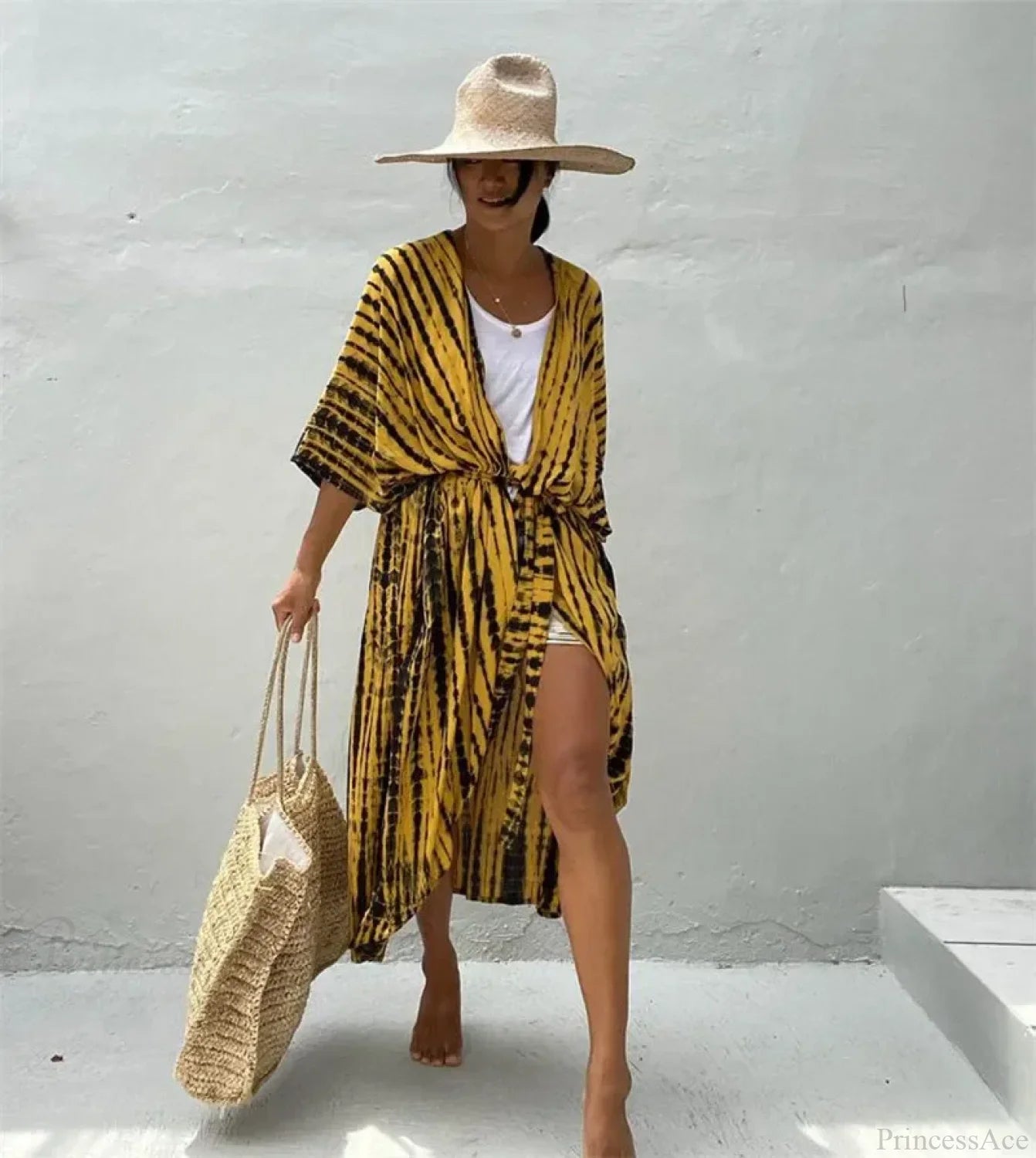 Cotton Rayon Striped Print Cardigan Boho Beach Cover up Black yellow / One Size bohocoverup-250126