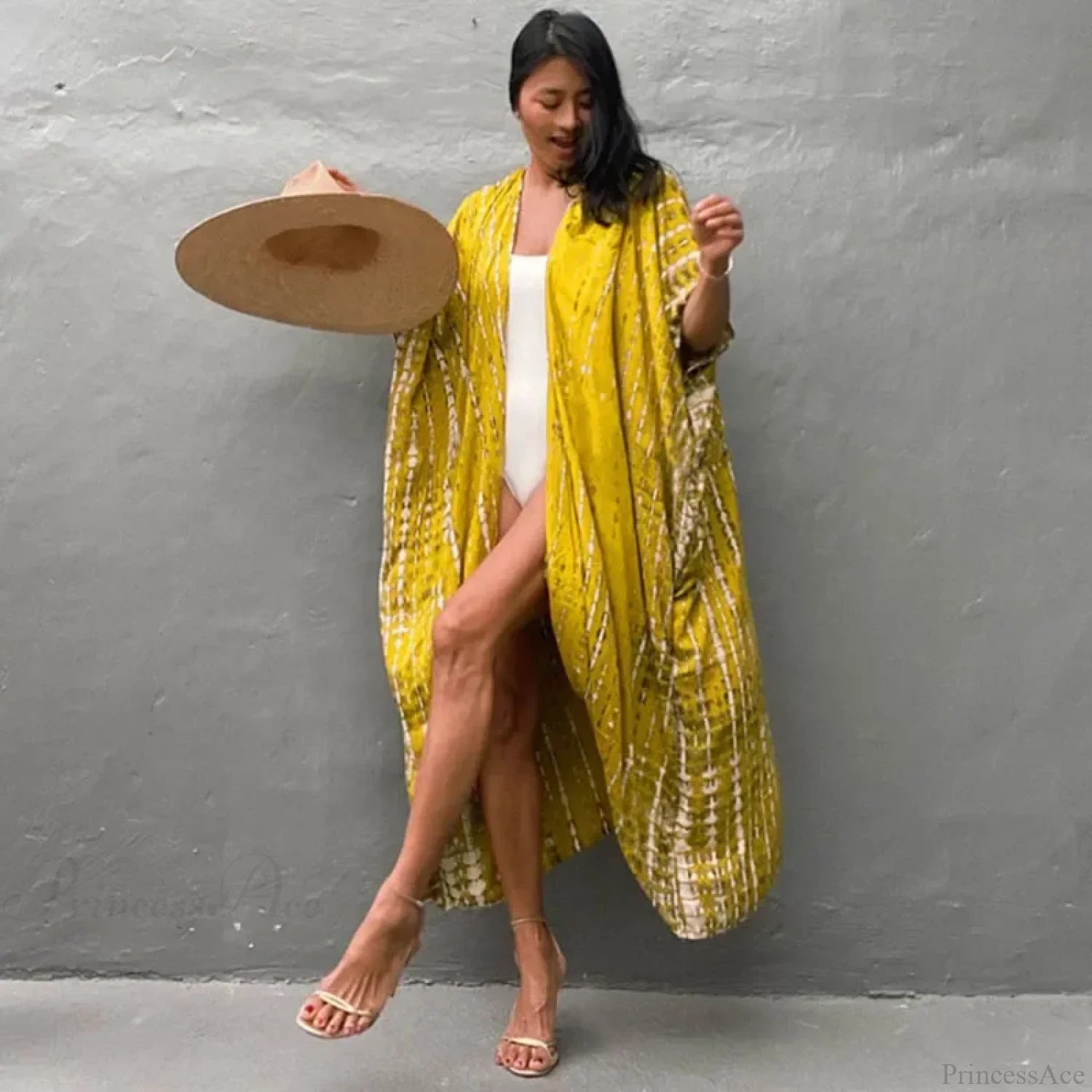 Cotton Rayon Striped Print Cardigan Boho Beach Cover up Yellow / One Size bohocoverup-250126