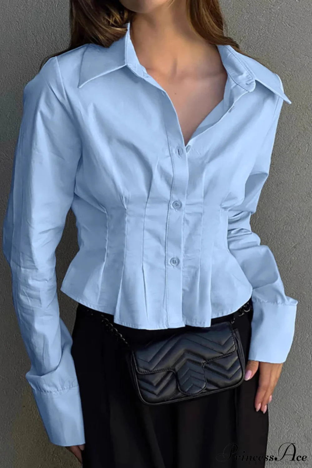 Cotton Ruched Waist Collared Blouse Blue / S