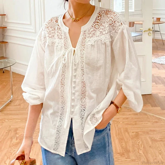 Cotton White Lace Lantern Sleeve Oversize Boho Blouse White / S bohoblouse-250126