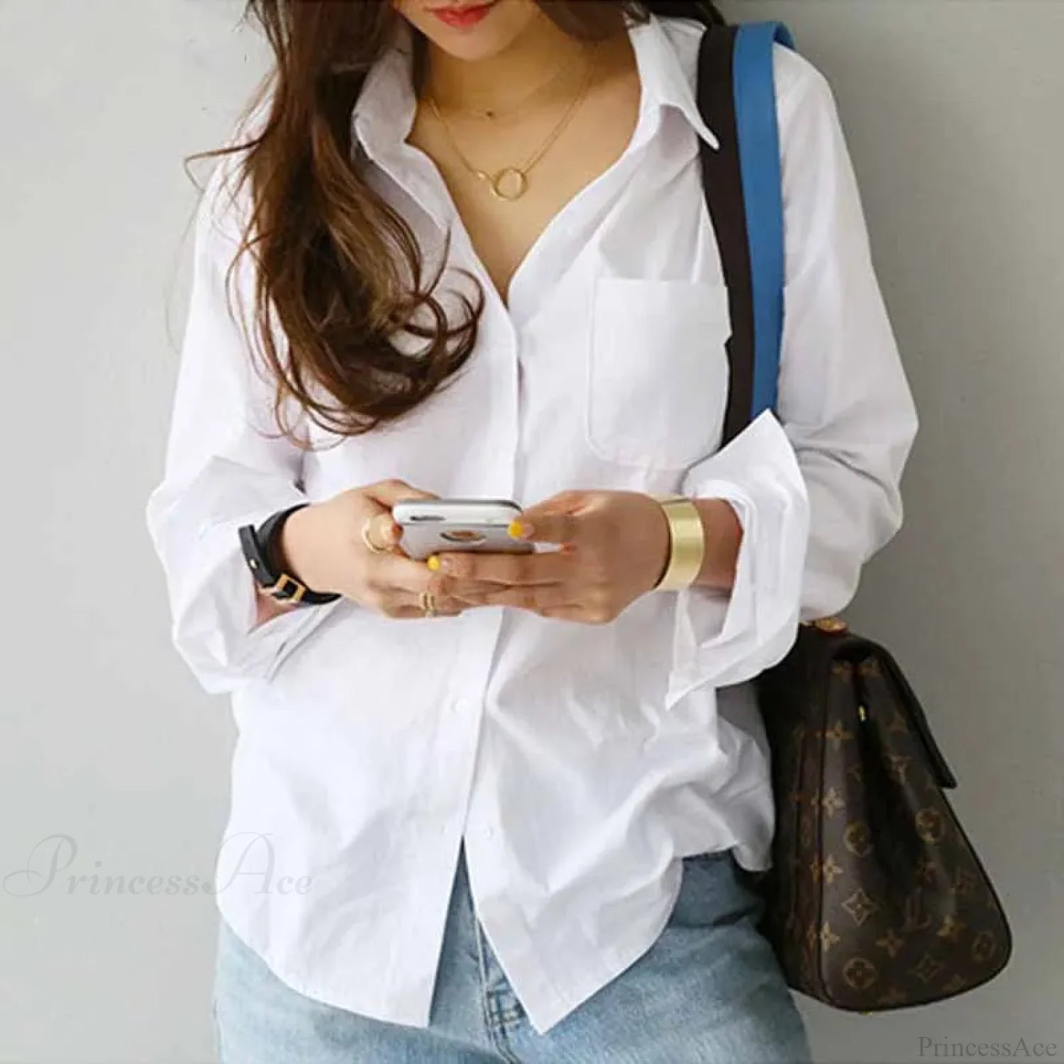 Cotton White Long Sleeve Button-up Blouse blouse-250126