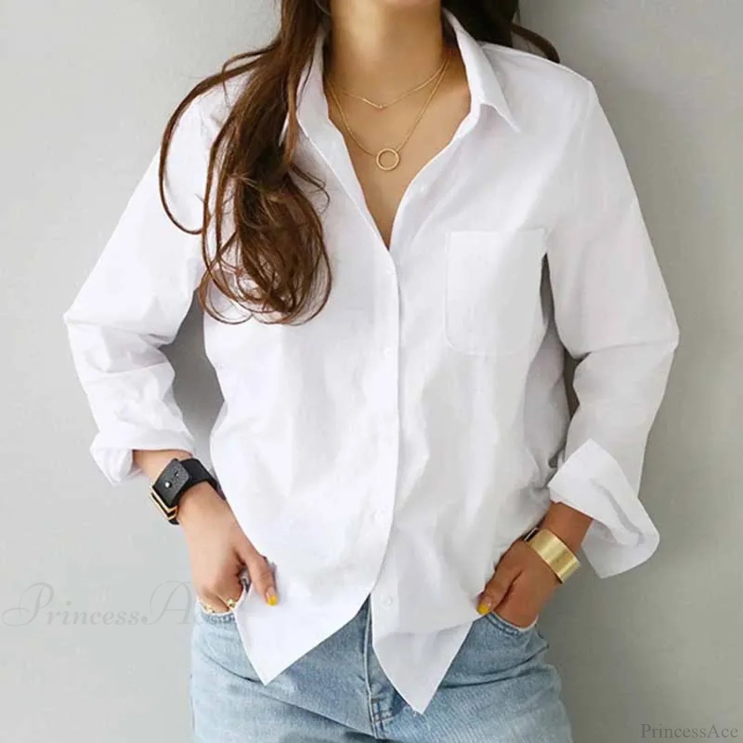Cotton White Long Sleeve Button-up Blouse blouse-250126