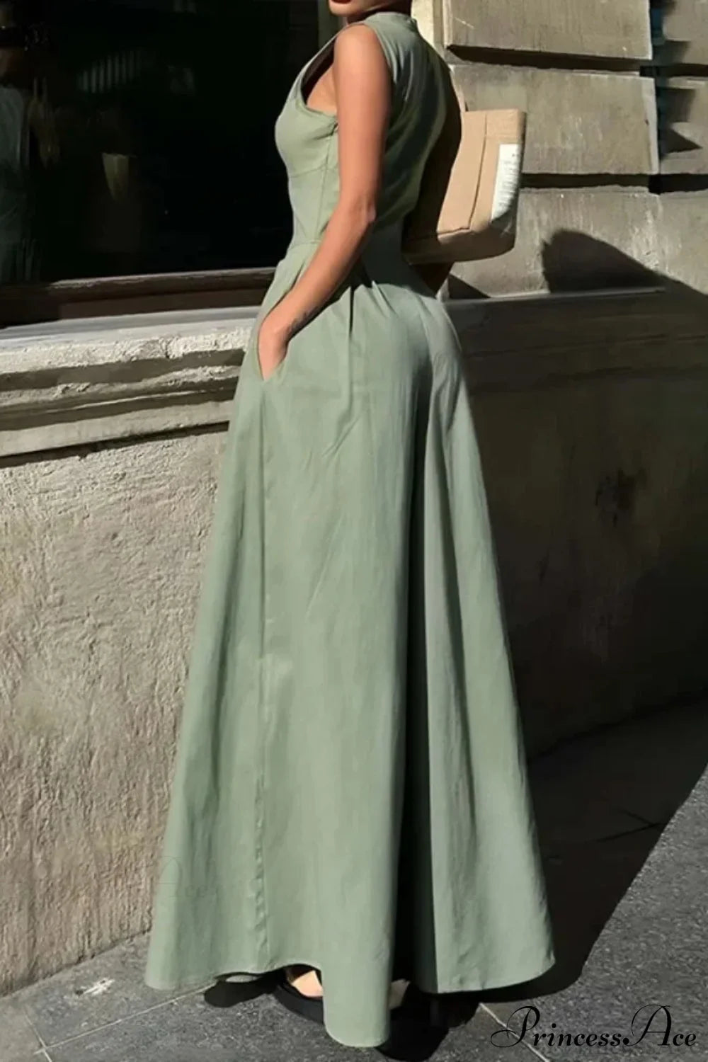 Cotton Zippered Sleeveless Pocket Maxi Dress GREEN / S