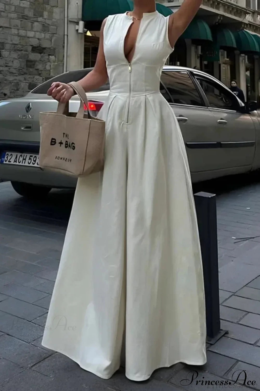 Cotton Zippered Sleeveless Pocket Maxi Dress WHITE / S