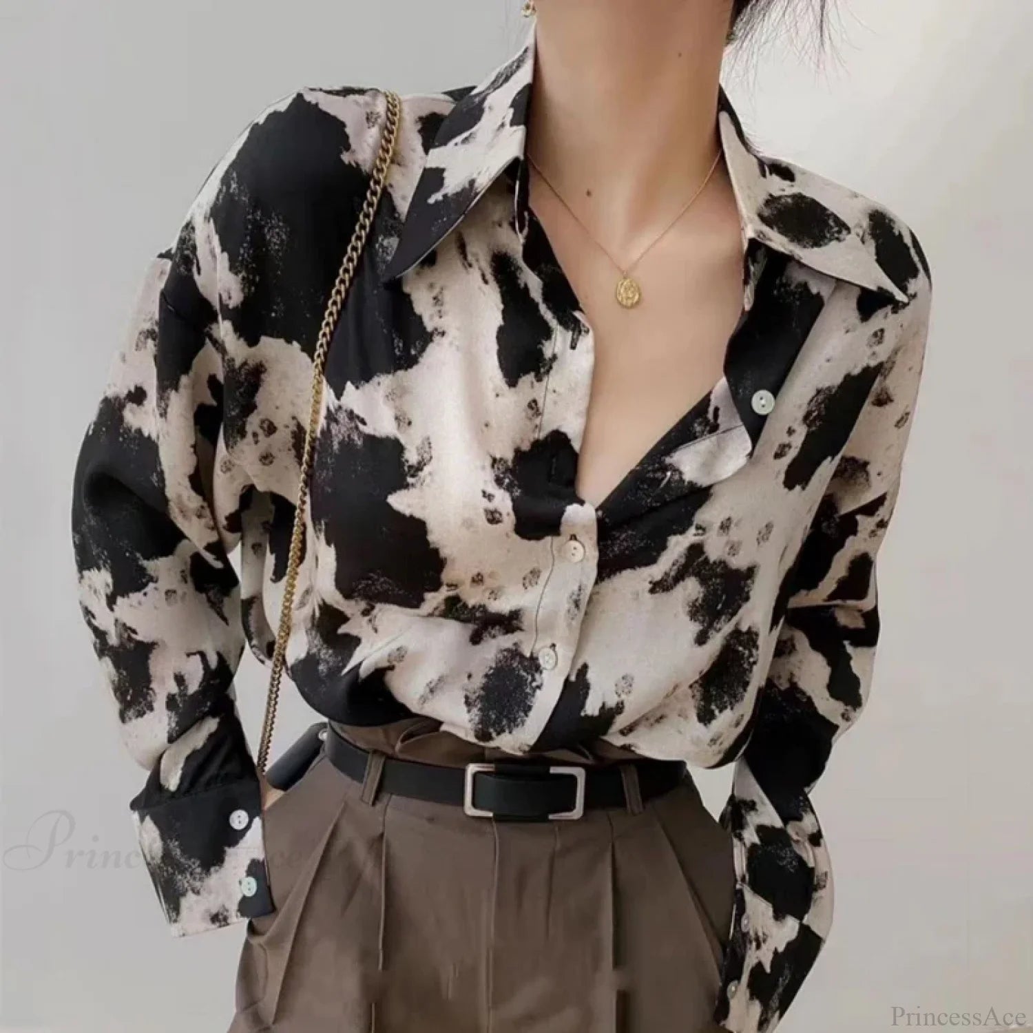 Cow Print Button Up Long Sleeve Blouse blouse-250223
