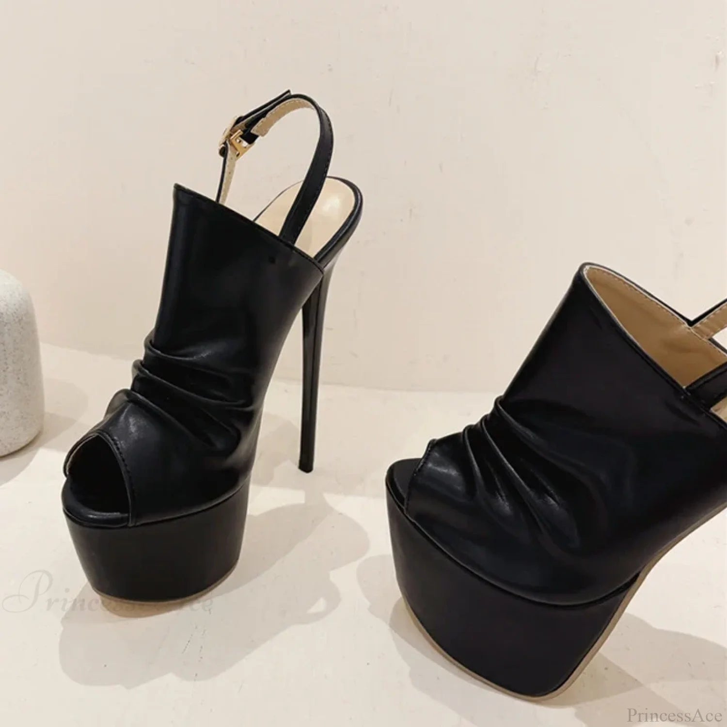 Cozy Pleated Leather Super-High Platform Nightclub Party Peep-Toe Black Sexy High Heel