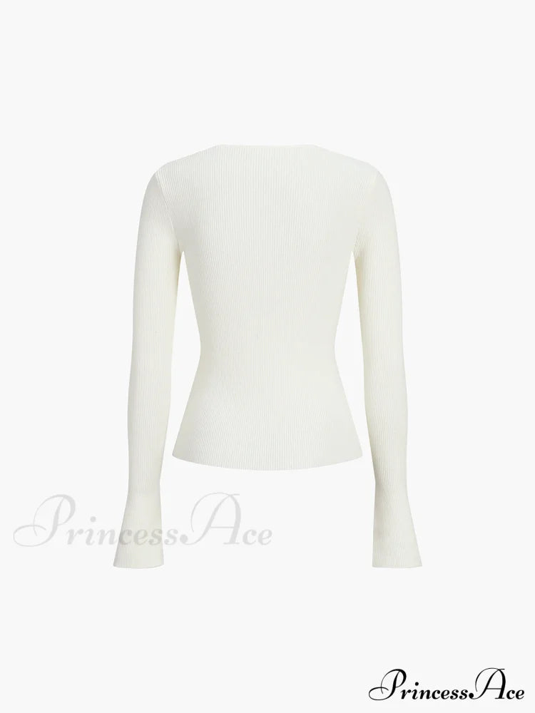 Cream Flare Long Trendy Sleeve Knit Top Sweaters-L