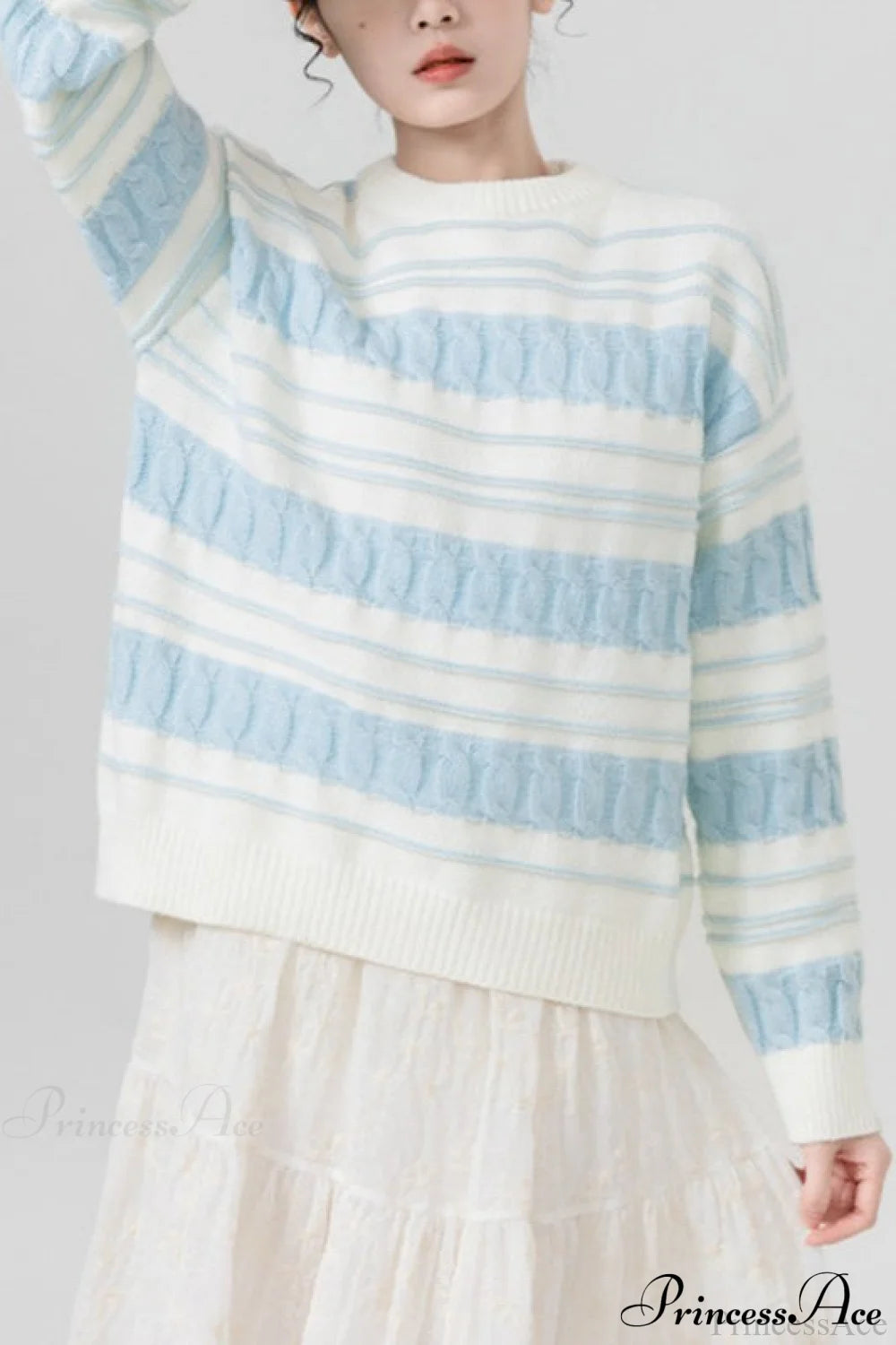Creamy Stripe Cable-Knit Loose Sweater Blue / One Size