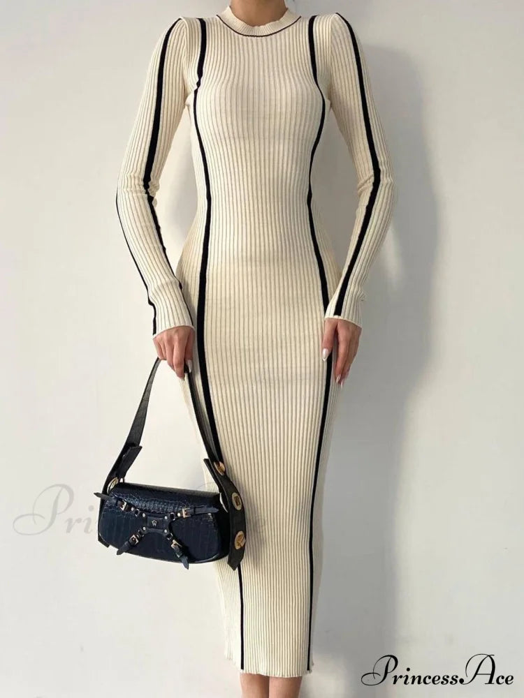 Crew Neck Contrast Trim Modern Long Sleeve Knit Midi Dress Sweaters-L