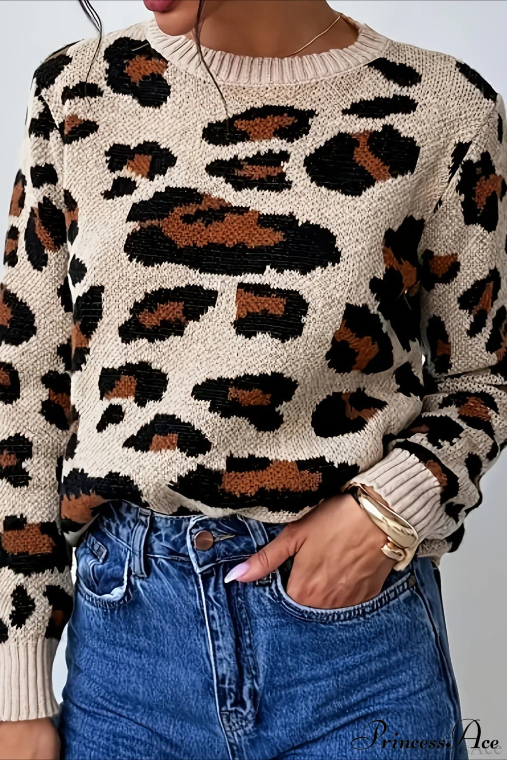 Crew Neck Leopard Pattern Knit Sweater