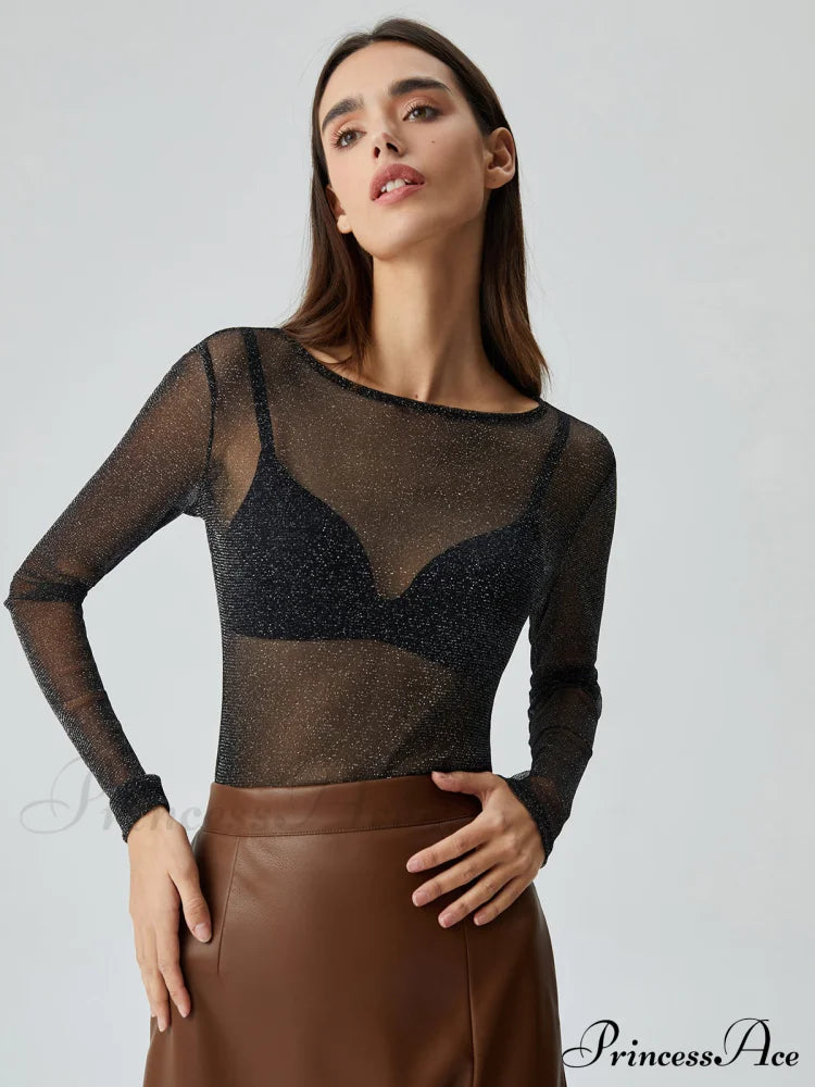 Crew Neck Sequined Trendy Long Sleeve Mesh Shirt T-Shirts