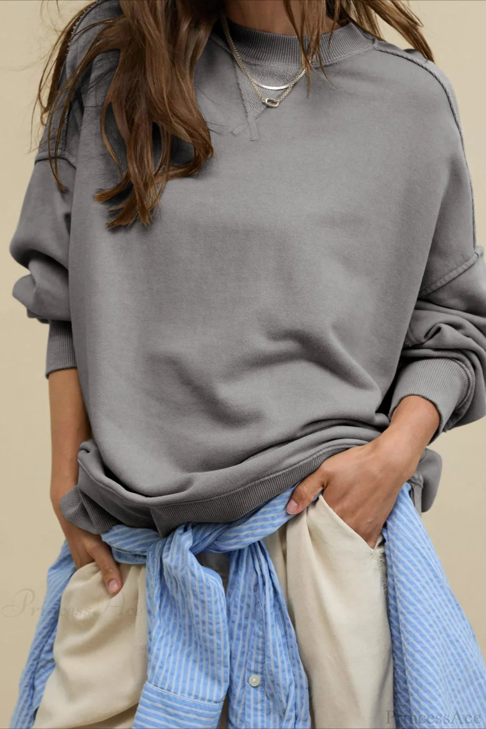 Crew Neck Solid Minimalist Relaxed Sweatshirt Grey / S