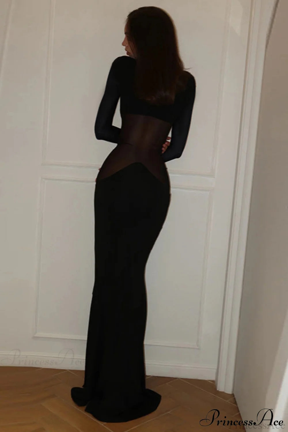 Crewneck Pullover Mesh Panel Bodycon Maxi Dress