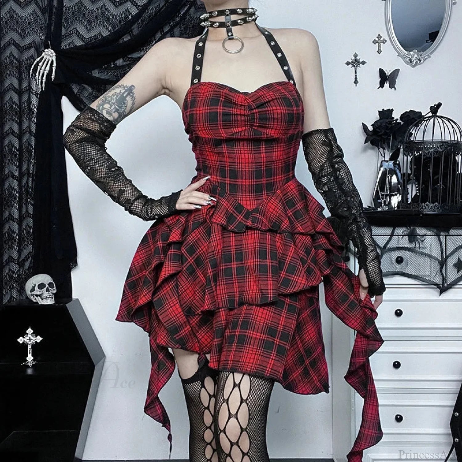 Crimson Tartan Halter Short Dress