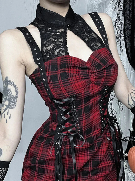 Crimson Tartan Lace Patchwork Full-Length Gown