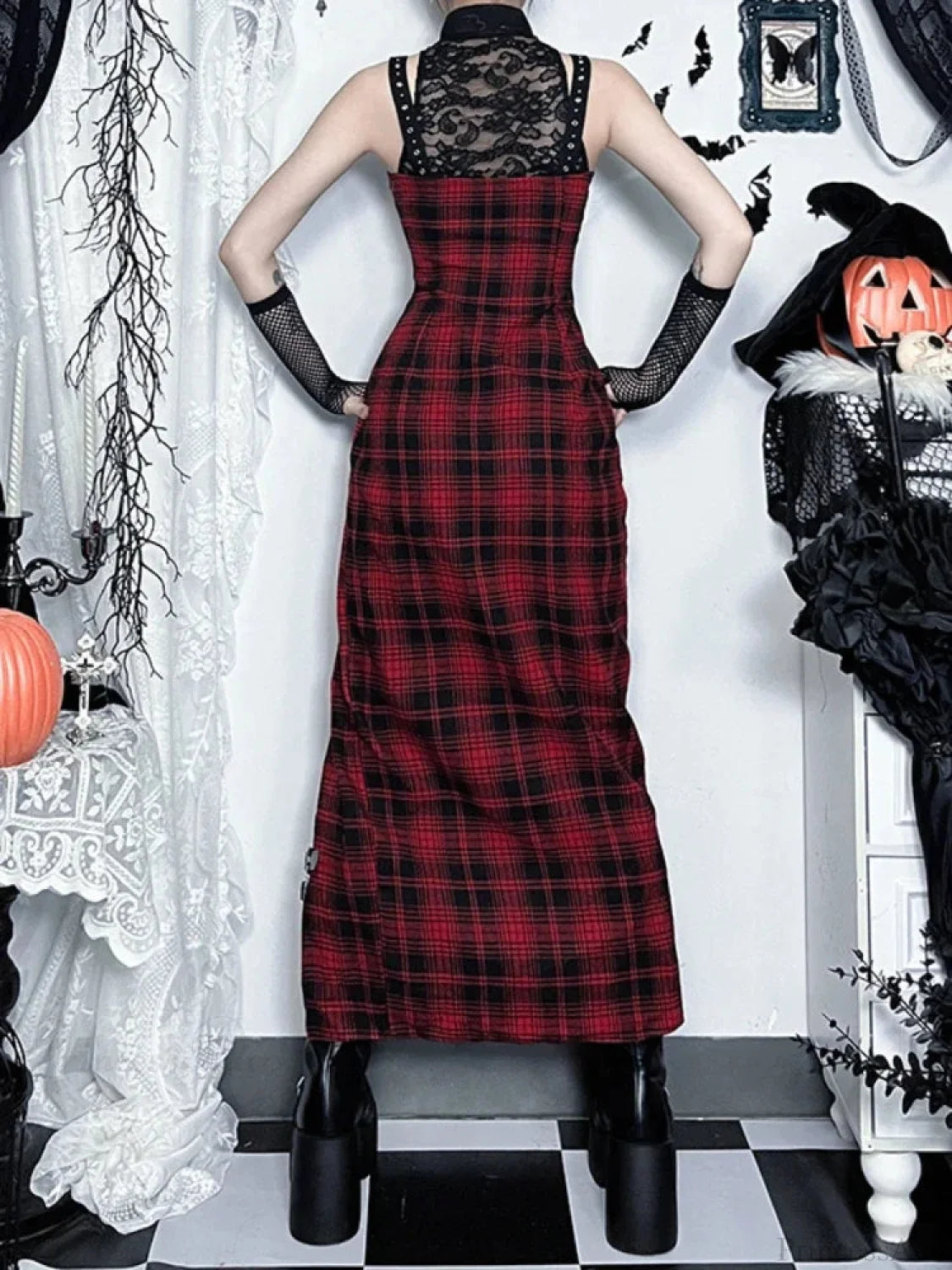 Crimson Tartan Lace Patchwork Full-Length Gown