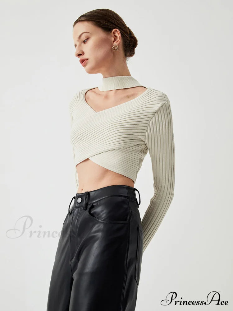 Criss Cross Knit Trendy Halter Crop Top Sweaters-L